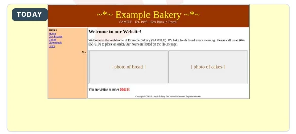 Sample 'before' page: an outdated, table-based homepage for the fictional Example Bakery