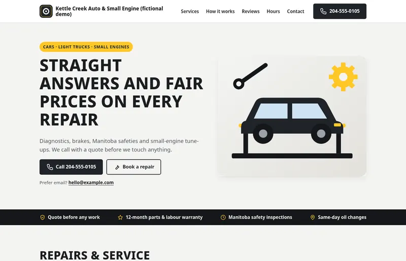 Sample homepage for a fictional auto repair shop, Kettle Creek Auto
