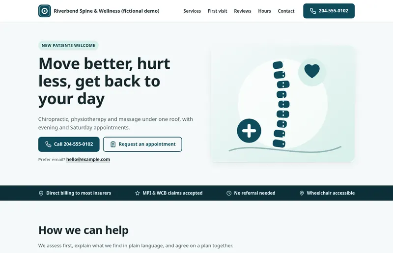 Sample homepage for a fictional wellness clinic, Riverbend Spine & Wellness