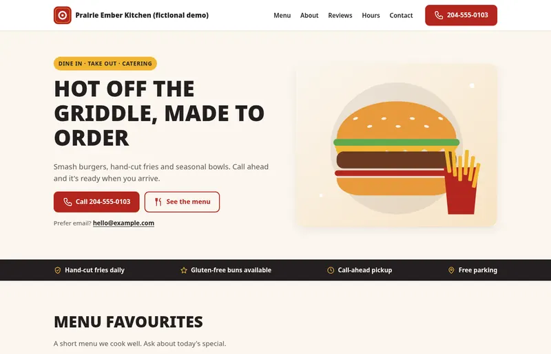 Sample homepage for a fictional restaurant, Prairie Ember Kitchen