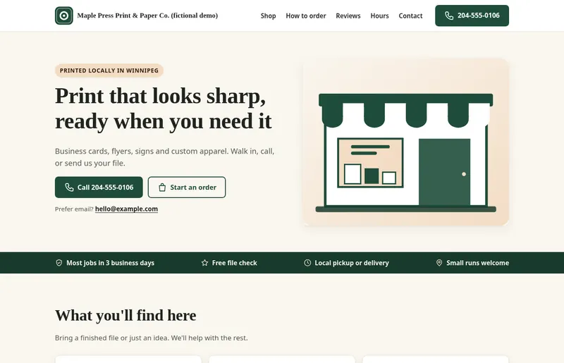 Sample homepage for a fictional print shop, Maple Press Print & Paper Co.