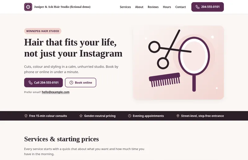 Sample homepage for a fictional hair studio, Juniper & Ash